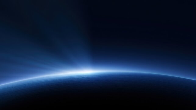 Earth horizon orbital sunrise casting deep blue glow, thin atmosphere line and curvature visible against black space, subtle lens flare and distant starlight, satellite observation mood for global