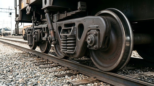 Aged industrial train wheels firmly resting on robust railway tracks, showcasing classic transportation mechanics