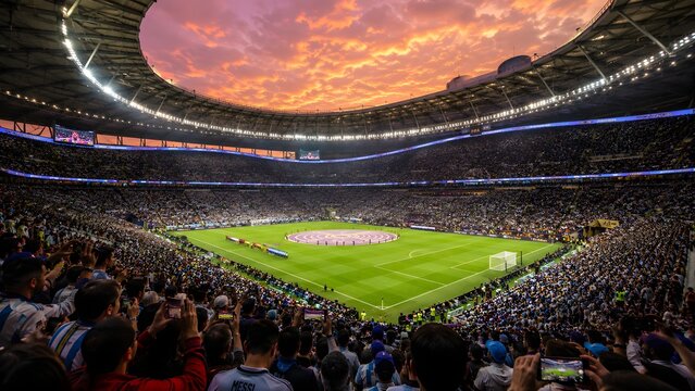 Massive Football Stadium at Sunset &ndash; Packed Crowd Before World Championship Final in Dramatic Lighting