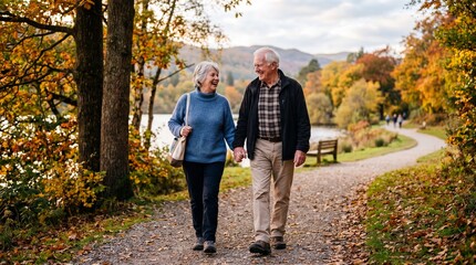 Obraz premium Senior couple walking hand in hand on autumn park path, smiling and enjoying nature, emotional connection, outdoor leisure, golden leaves, peaceful atmosphere