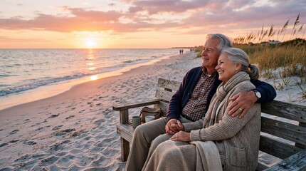 Fototapeta premium Senior couple sitting on wooden bench at beach during sunset, smiling and embracing, enjoying peaceful moment together, warm clothing, romantic atmosphere, sea and sky in background