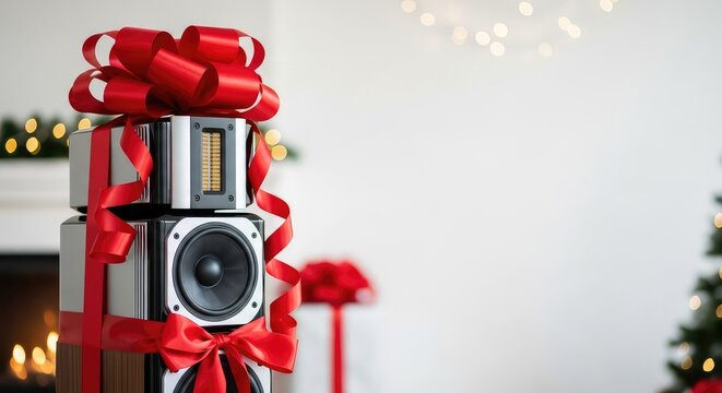 High-fidelity audio speakers stacked vertically, elegantly wrapped with large red satin ribbons and bows, placed in a festive holiday room, christmas, ribbon, atmosphere
