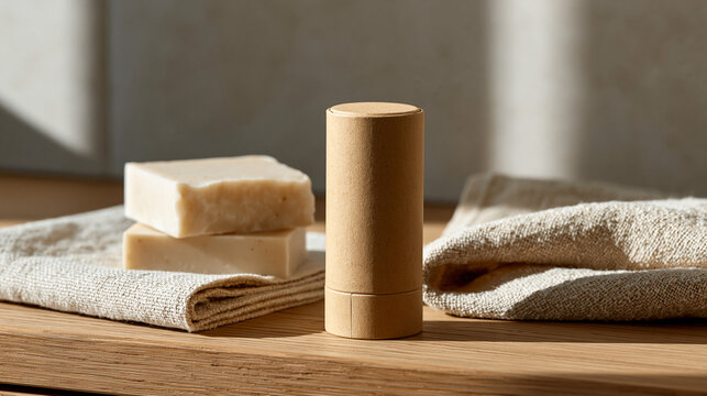 Plastic-free natural deodorant in a cardboard push-up tube resting beside a bar of unscented soap and a recycled cloth on a wooden bathroom counter, eco-conscious personal care