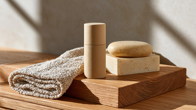Plastic-free natural deodorant in a cardboard push-up tube resting beside a bar of unscented soap and a recycled cloth on a wooden bathroom counter, eco-conscious personal care