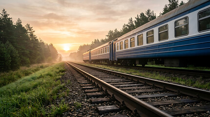 Fototapeta premium Passenger train travels through a scenic forest during a beautiful sunrise with soft light illuminating the tracks