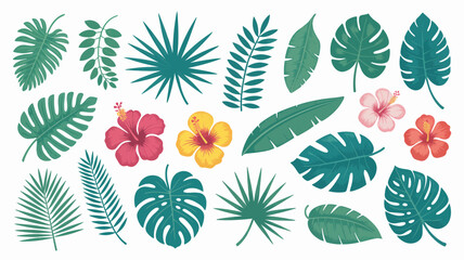 tropical leaves and flowers vector hibiscus monstera palm illustration graphic design botanical nature exotic summer vacation travel beach resort pattern background © Roxxxxxxxxx