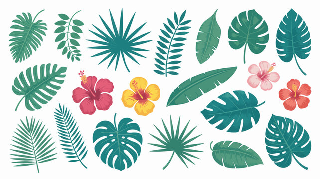 tropical leaves and flowers vector hibiscus monstera palm illustration graphic design botanical nature exotic summer vacation travel beach resort pattern background