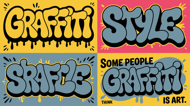 graffiti words in colorful vector style art urban street text illustration design graphic typography dripping bubble letters background yellow purple teal