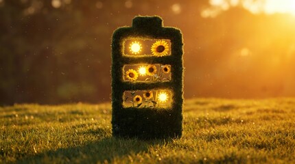 Fototapeta na wymiar Conceptual Solar Battery Structure Filled With Sunflowers In Golden Sunset Field