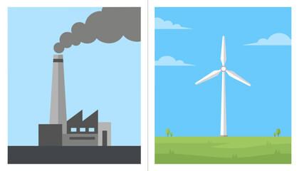 Obraz premium Environmental Comparison of Industrial Pollution and Clean Renewable Energy Wind Turbine Illustration