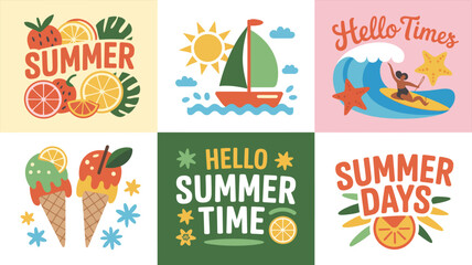 summer themed vector illustrations sailboat ice cream beach sun waves surfing fruits lemons strawberries text greeting seasonal holiday vacation travel fun © Roxxxxxxxxx