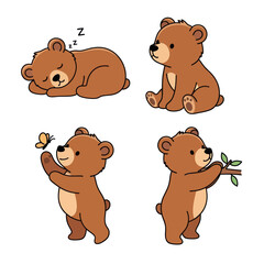 Cute Cartoon Bear Set: Sleeping, Sitting, Butterfly, Branch © Danang