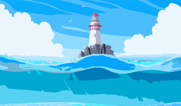 Beautiful lighthouse on rocks in ocean