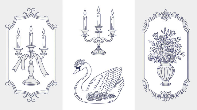 candelabra swan and vase line illustrations flowers illustration blue toned elegant ornate frame candles candlestick bird botanical decorative pattern design graphic