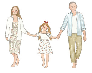 Obraz premium Happy family holding hands and walking together watercolor illustration
