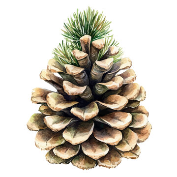 Watercolor illustration painting of Pinecone Tree, minimal, isolated on a white background.