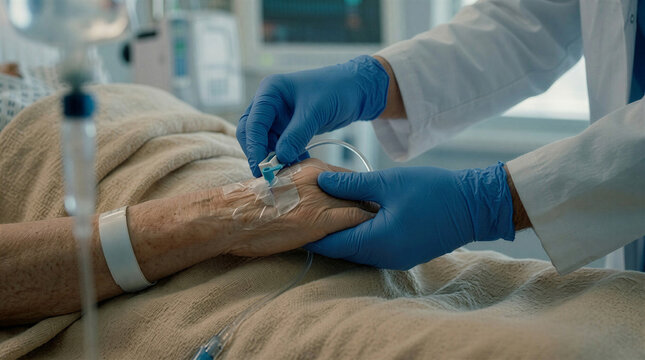 Doctor adjusting peripheral intravenous catheter IV line on senior patient hand in hospital ward