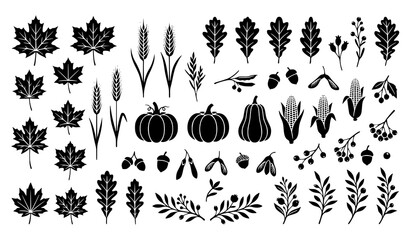 Seasonal autumn harvest silhouette vector set featuring leaves pumpkins wheat and fall icons © abdul