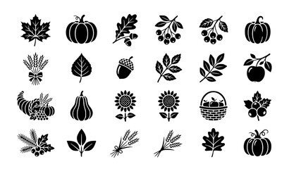 Black autumn foliage and harvest icon collection with fall botanical vector silhouettes © abdul