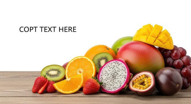 Surtido colorido de frutas frescas cortadas y enteras presentadas de forma est&eacute;tica sobre una superficie r&uacute;stica con iluminaci&oacute;n brillante, luz, composici&oacute;n, cuenco