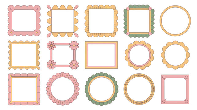 decorative frames flat vector frame border ornament pattern illustration design graphic element circle square scalloped flower green pink yellow white background