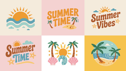 summer themed illustrations vector beach sun palm waves sea sky clouds starfish shells vibes time seasonal holiday travel vacation tropical design © Roxxxxxxxxx