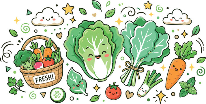 Cute Lettuce Character Collection with Kawaii Organic Leafy Greens, Healthy Food Mascots, Farm Fresh Vegetables, and Garden Harvest Illustration