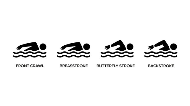 swimming strokes flat icon front crawl breaststroke butterfly stroke backstroke swimmer water sports fitness activity health black white silhouette graphic design