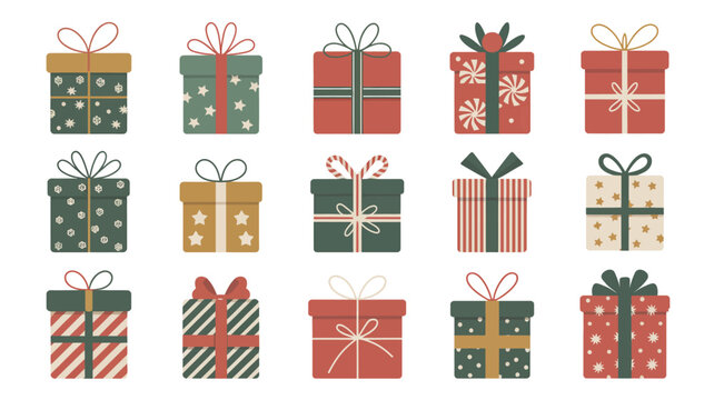 gift boxes flat vector box present wrapped holiday christmas new year illustration design icon pattern bow ribbon stripes stars dots celebration