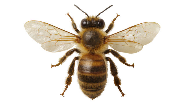 Detailed macro view of a fuzzy honey bee with translucent wings, isolated on transparent background