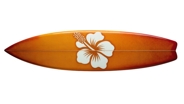 Orange surfboard with white hibiscus flower graphic, isolated on transparent background