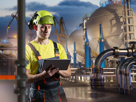 Gas processing plant, pipeline inspection. Industrial technician uses tablet near storage tanks and pipes, monitoring equipment safety.