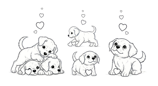 Adorable Puppy Drawings with Hearts - Cute Pet Animal Illustration