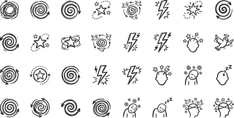 Doodle dizziness symbols. Birds, stars, lightning, swirling, chaotic circles. Symbol of loss of consciousness, impact effect, dizzy neoteric vector elements. © Aditya