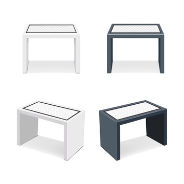 Interactive table with touch screen multitouch panel. Front and half-turned. Realistic 3d vector mockup set. Desk with tabletop touchscreen digital display. Mock-up. Floor self-service kiosk. Template