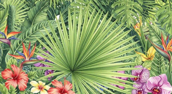 Vibrante ilustraci&oacute;n en acuarela de un denso bosque tropical con hojas de palma, plantas ex&oacute;ticas, flores coloridas y texturas suaves, artistic, exotic, colorful