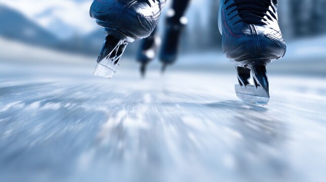 Low angle close up of speed skating blades on icy track with motion blur