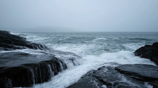 The scene of waves crashing on the rocks on the shore, huge waves crashing on the reefs