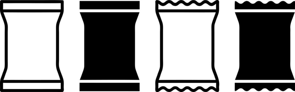 Set of four snack pack silhouettes vector illustration representing various packaging styles with flat and crinkled seal edges for food products in simple black white graphic design.