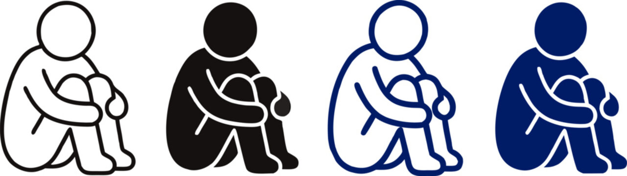 Stylized icons of a person sitting in a fetal position, symbolizing sadness, loneliness, or contemplation, different color variations, vector illustration.