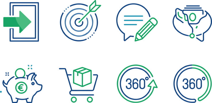 Business and digital commerce icon collection vector illustration featuring target achievement communication finance shopping and 360 degree service symbols