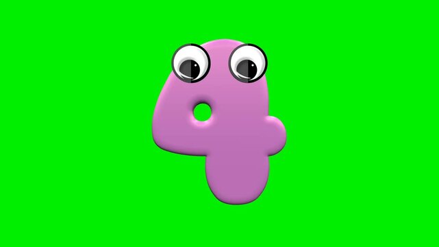 Cute pink 3d number cartoon character collection with big eyes on green screen background chroma key for educational kids video.