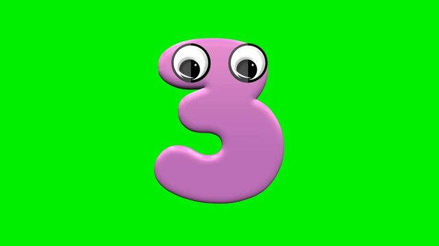 Cute pink 3d number cartoon character collection with big eyes on green screen background chroma key for educational kids video.