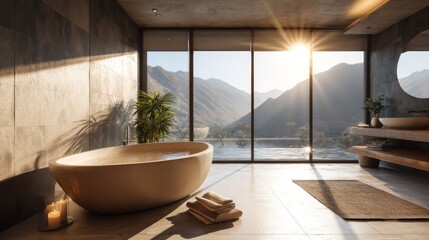 Fototapeta premium Serene Modern Bathroom with Bathtub and Mountain View, Natural Light Streaming through Glass Windows, Calming Interior Design Elements