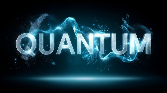 High tech glowing quantum text with abstract blue particle and wave effects representing futuristic technology and advanced science concepts