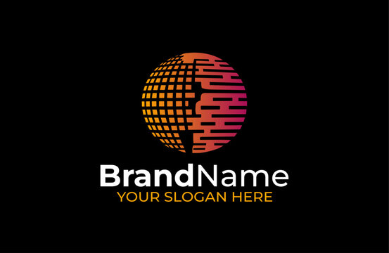 Abstract Digital Globe Logo with Pixel Grid Pattern, Futuristic Technology Sphere Symbol in Orange and Pink Gradient on Black Background