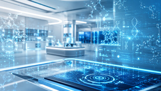 Futuristic biotech lab with holograms 