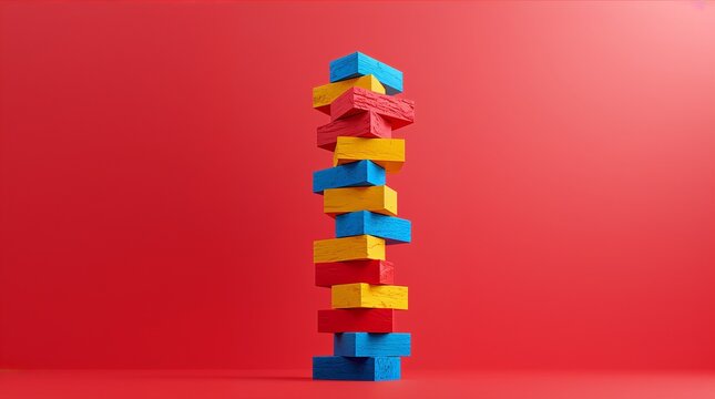 Colorful wooden blocks stacked in precarious tower on red background balance concept