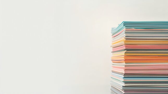 Colorful paper stack with rainbow edges on white background for creative design concept