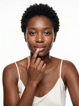Black Woman with Short Natural Hair Applying Lip Balm with Finger, Natural Beauty Skincare Portrait